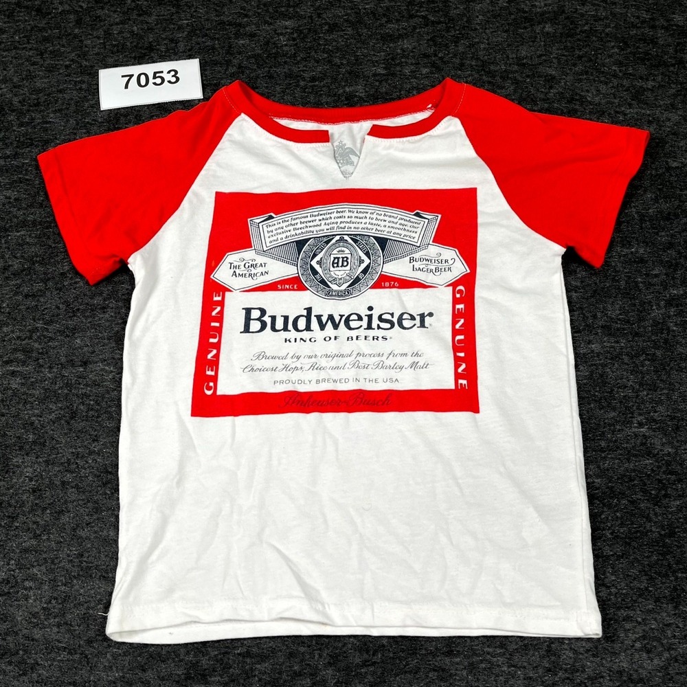 Budweiser T Shirt Mens Small‎ White Red Graphic Print Cotton Split Neck Casual